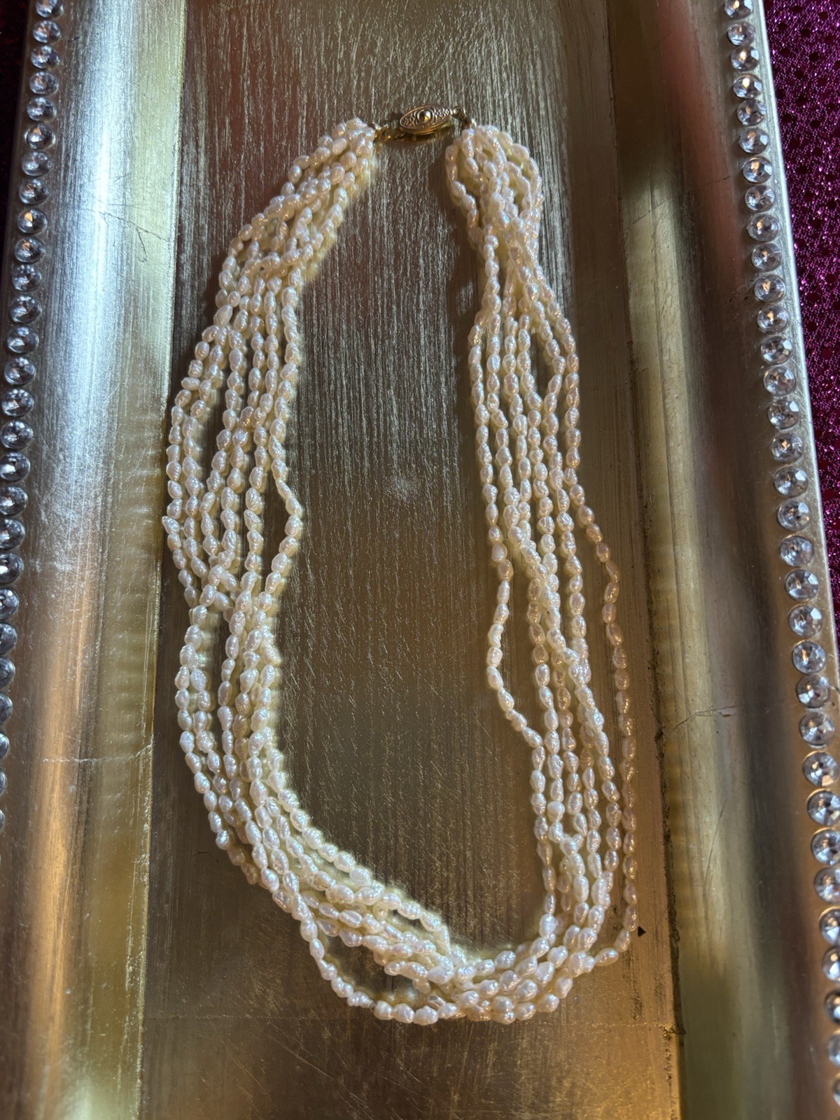 White Fresh Water Rice Pearl Necklace Vintage, 6-Strand, 17” Length