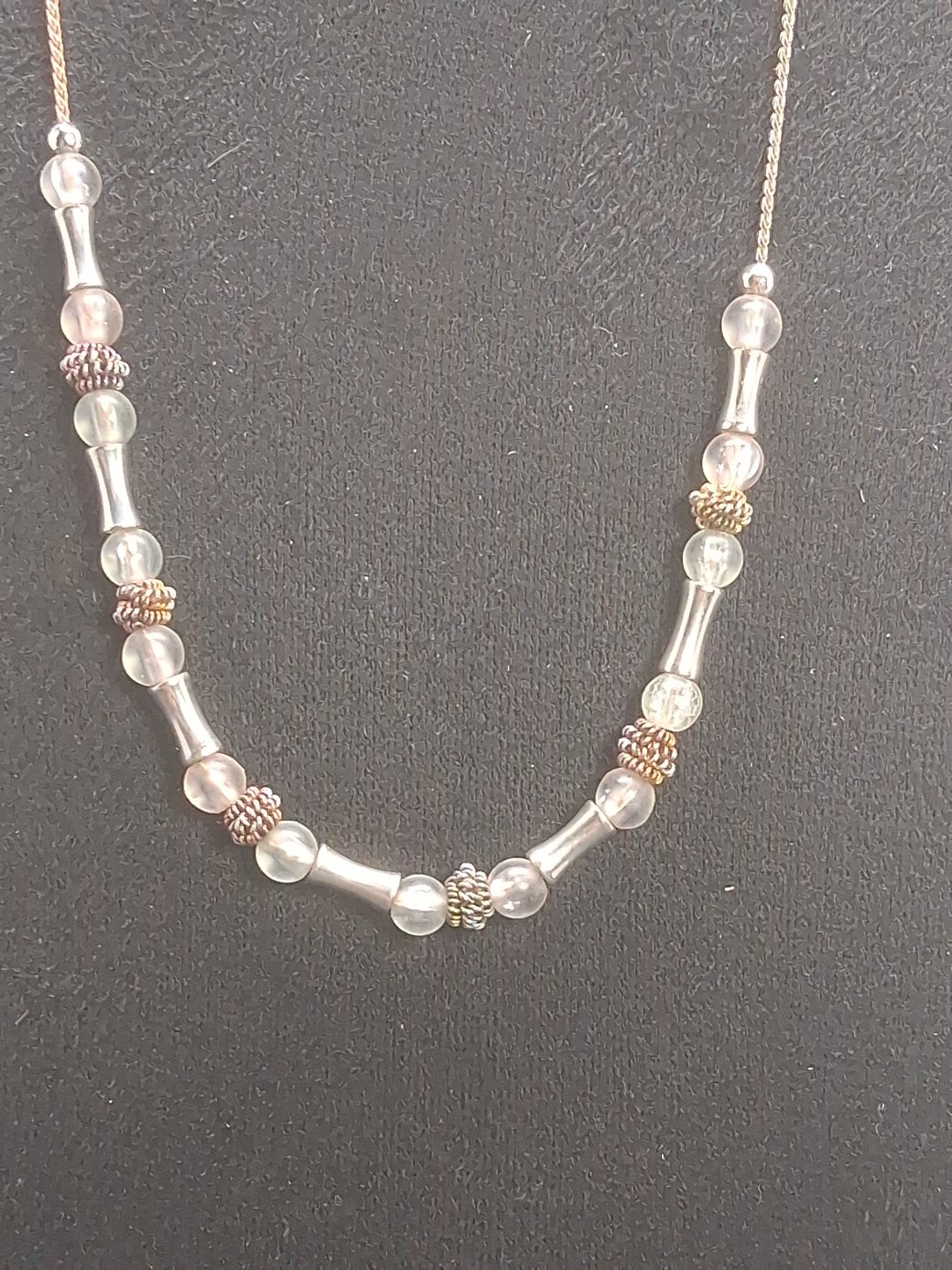 Vintage Silver and Rose Gold Tone Mixed Metal Beaded Necklace with Bar Stations