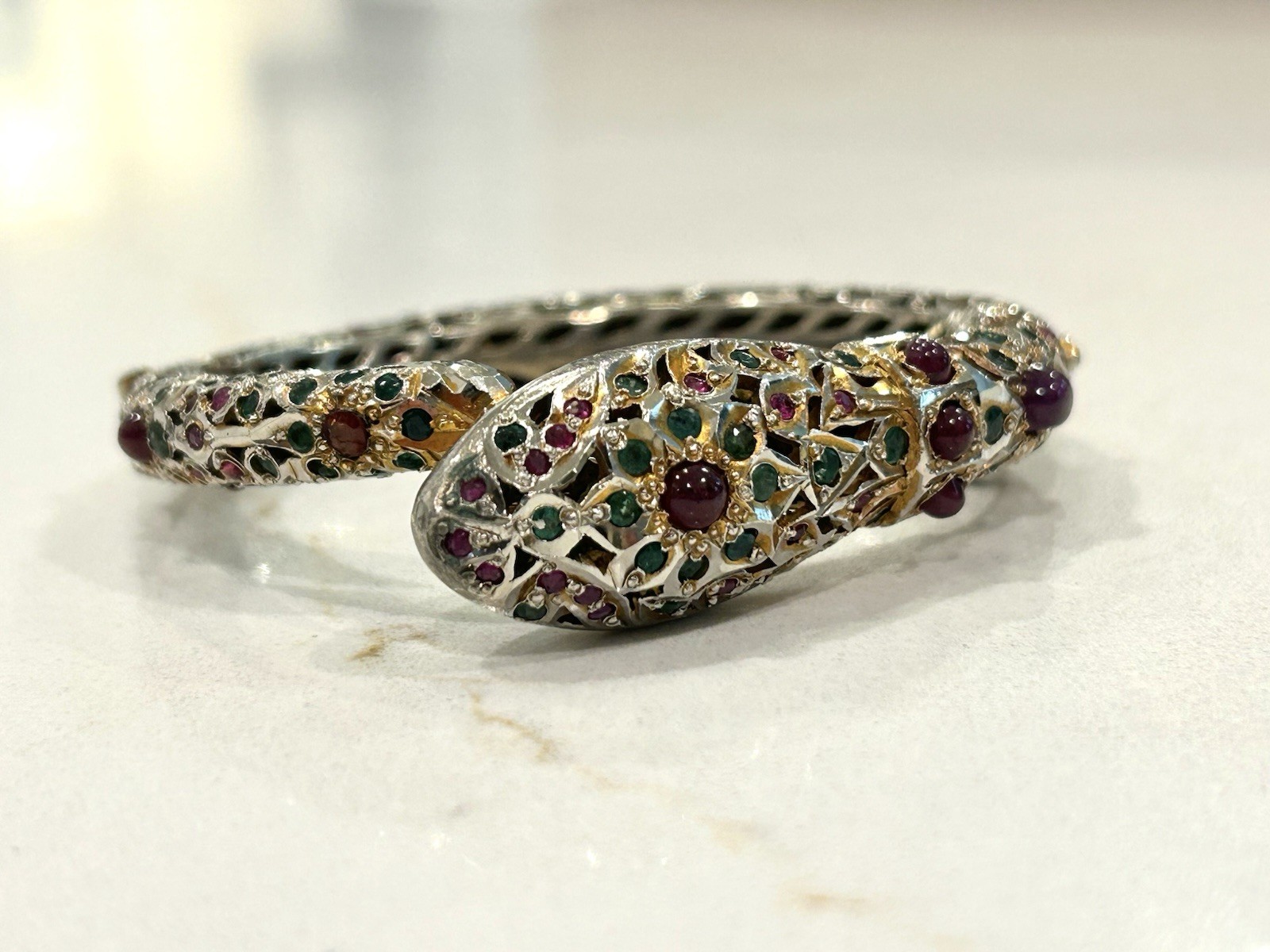 Antique Mughal Ruby Emerald Sterling Snake Bracelet Jewels Of India