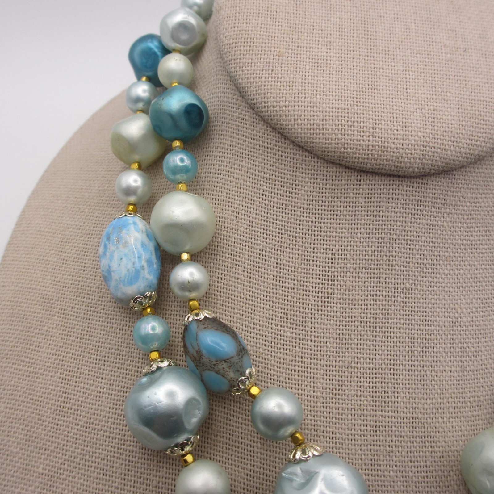 Vintage Beaded Necklace Blue Layered Japan 16 inch