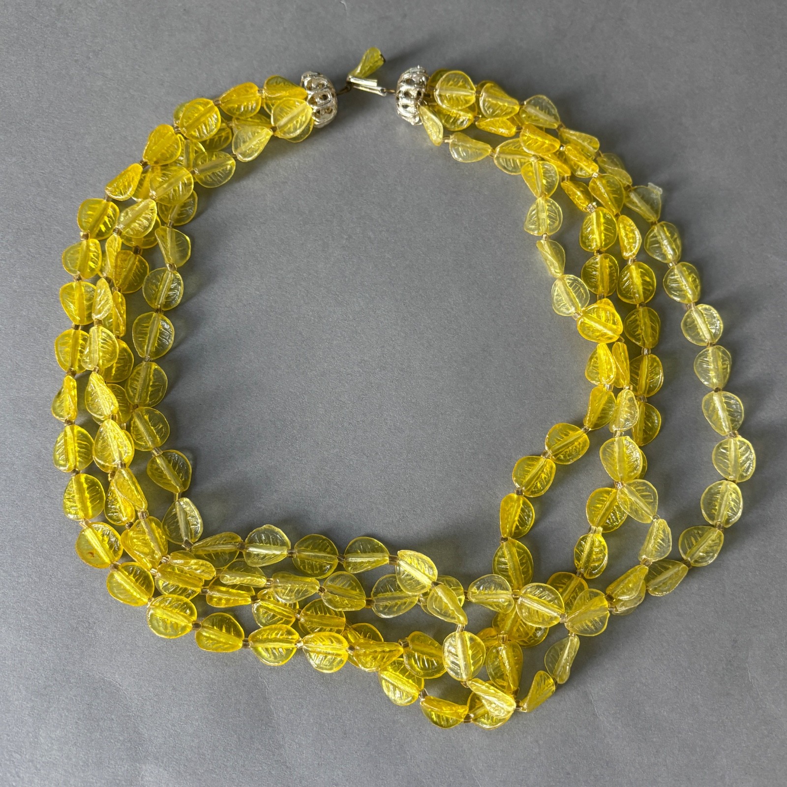 Vintage 1960s Hong Kong Japan Beaded Necklace Lot Pink Yellow Leaves Mod Plastic