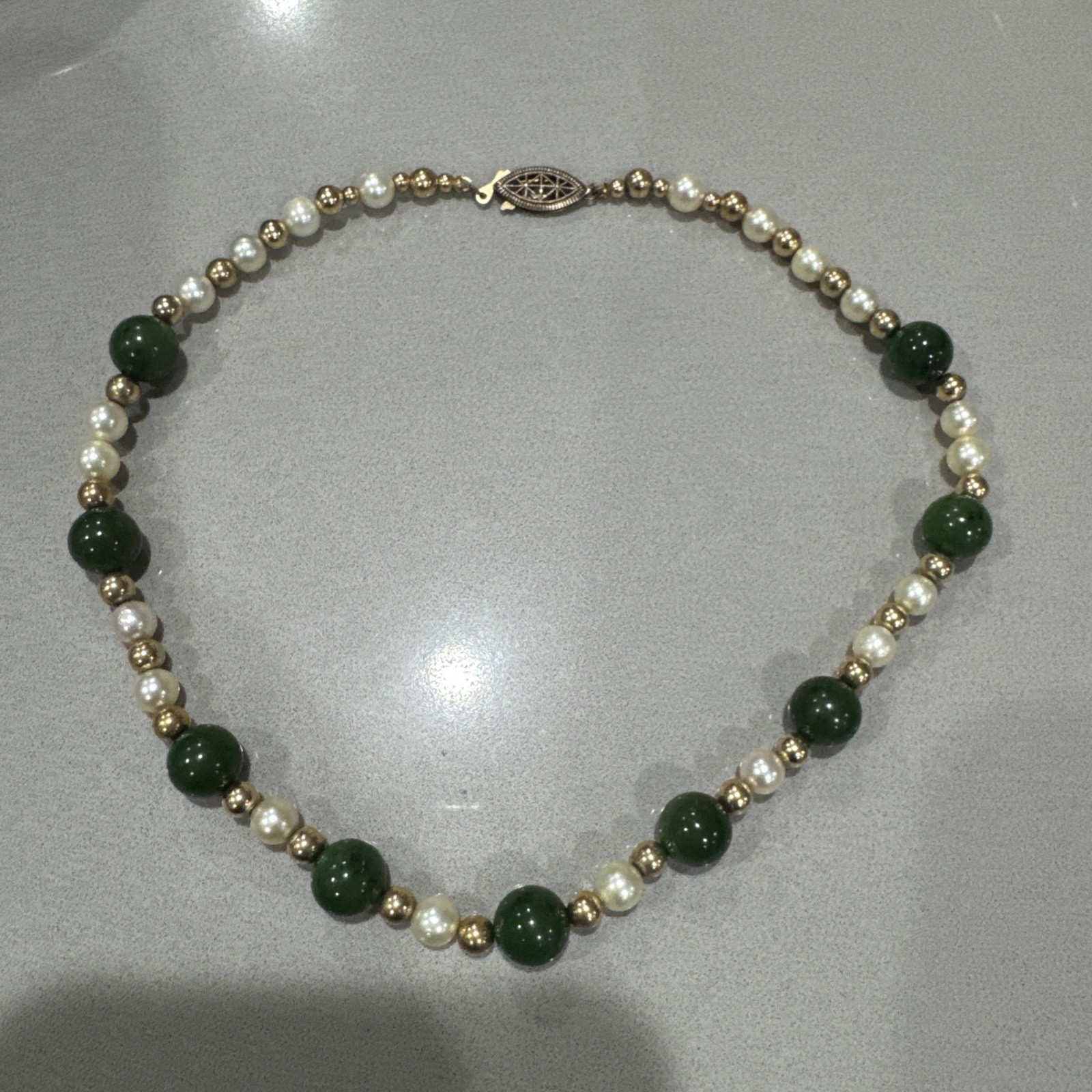 Vintage Green Jade Pearls GF Beads Sterling Filigree Gold Wash Clasp Necklace