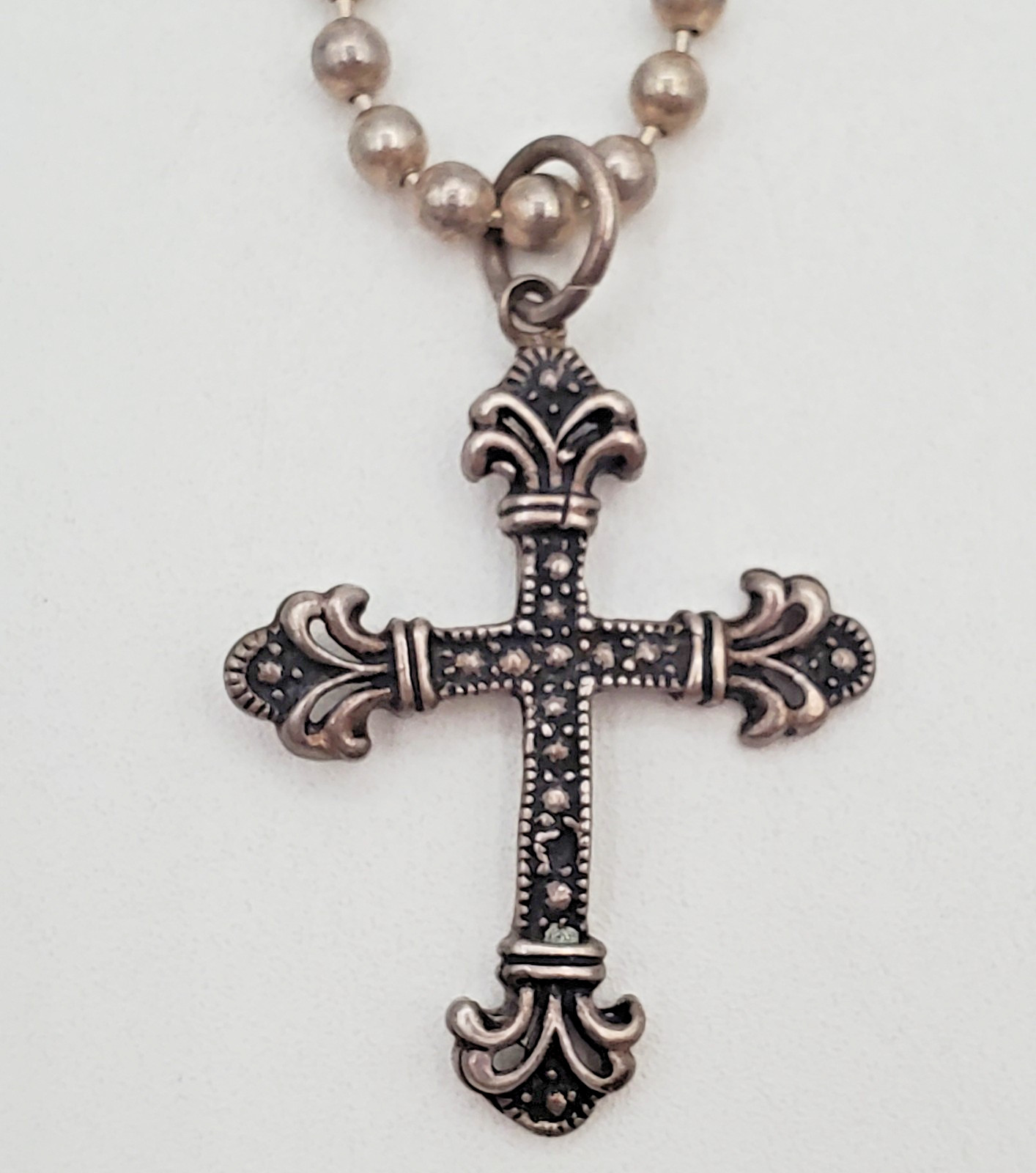 VTG 925 Ornate Cross Necklace 20in Sterling Silver 27g Ball Chain Italy Estate