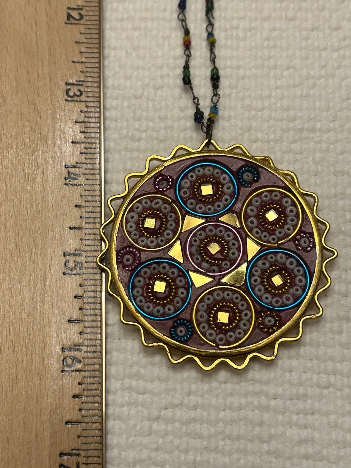 Vintage Large Medallion Mosaic Inlaid Mirrors Beaded Necklace Stamped India