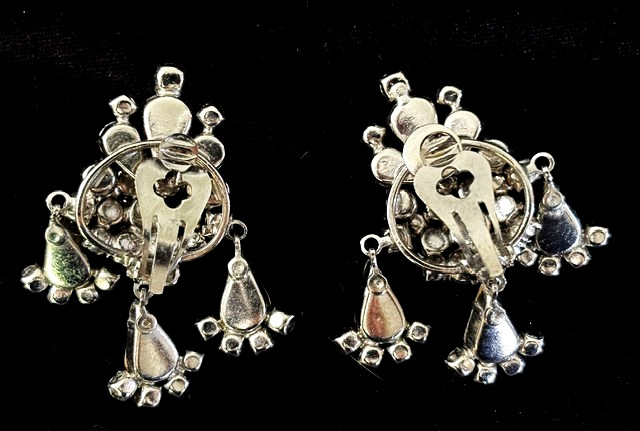 Fabulous Vintage Silver Tn BLUE AB Rhinestone Cluster Drop Clip Earrings AUSTRIA