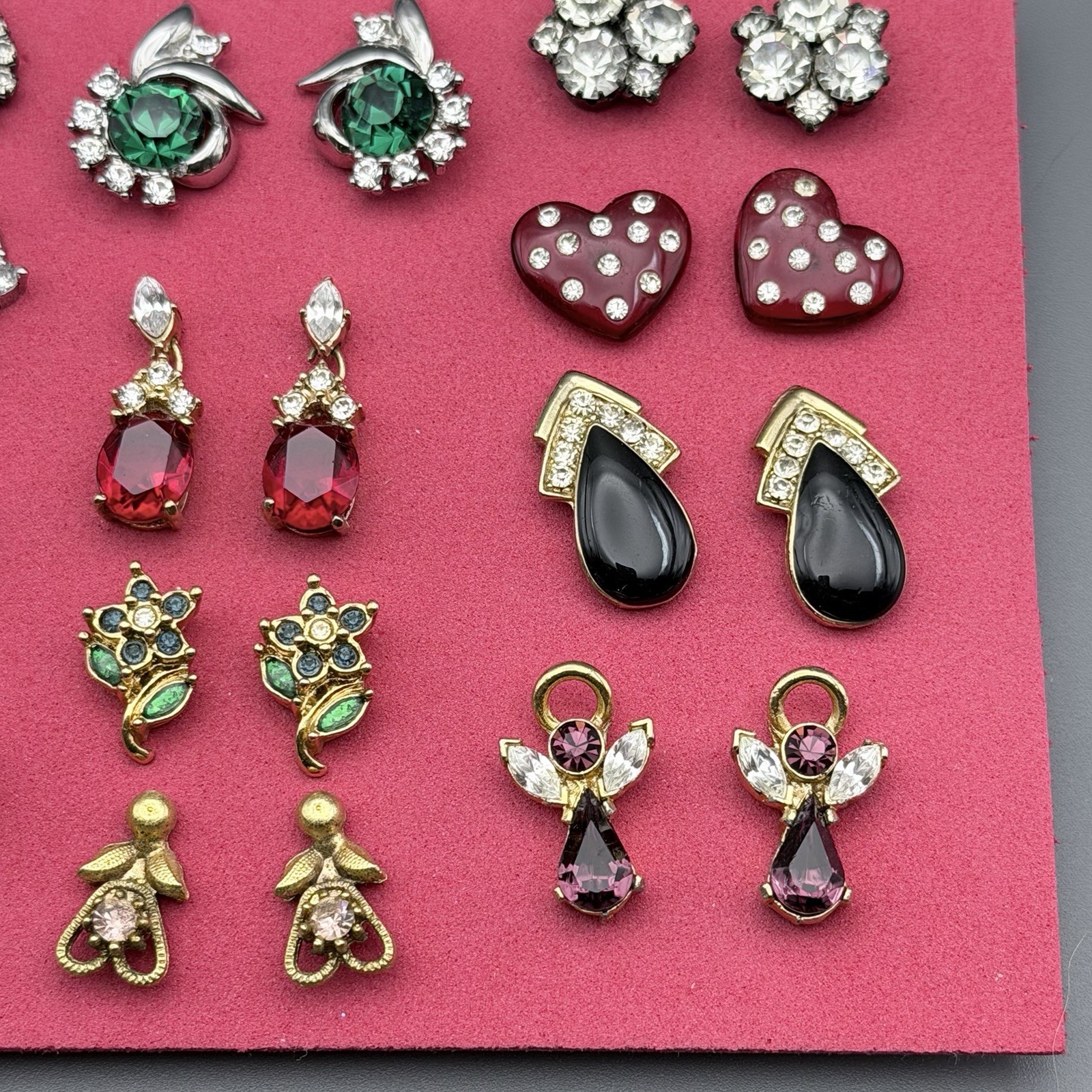 Vintage Small Rhinestone Post Earrings Lot Of 12 Floral Hearts Red Green Clear