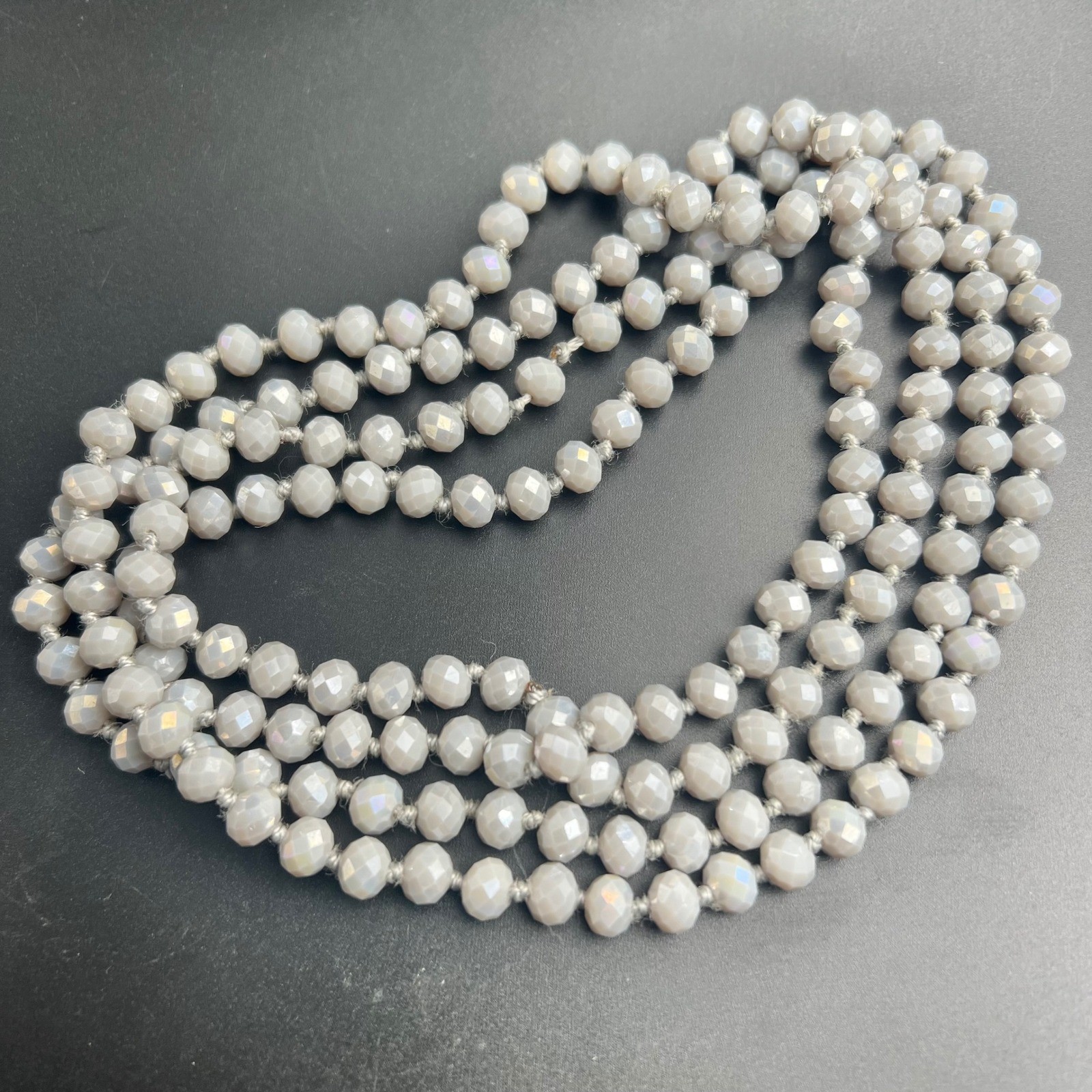 Gray Faceted Glass Knotted Long Opera Length Bead Necklace Vintage 1960s