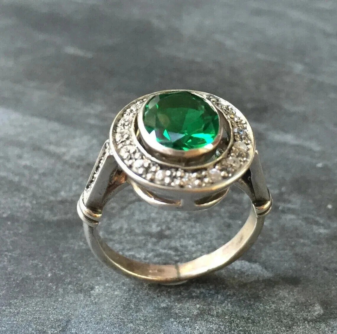 Art Deco Style Edwardian Lab Created Emerald Anniversary 14K White Gold FN Ring