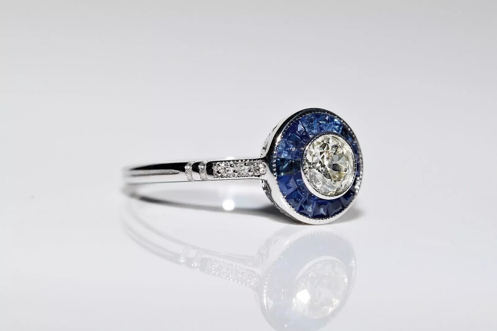 Art Deco Style Old Cut Lab Created Diamond & Sapphire Engagement 925 Silver Ring
