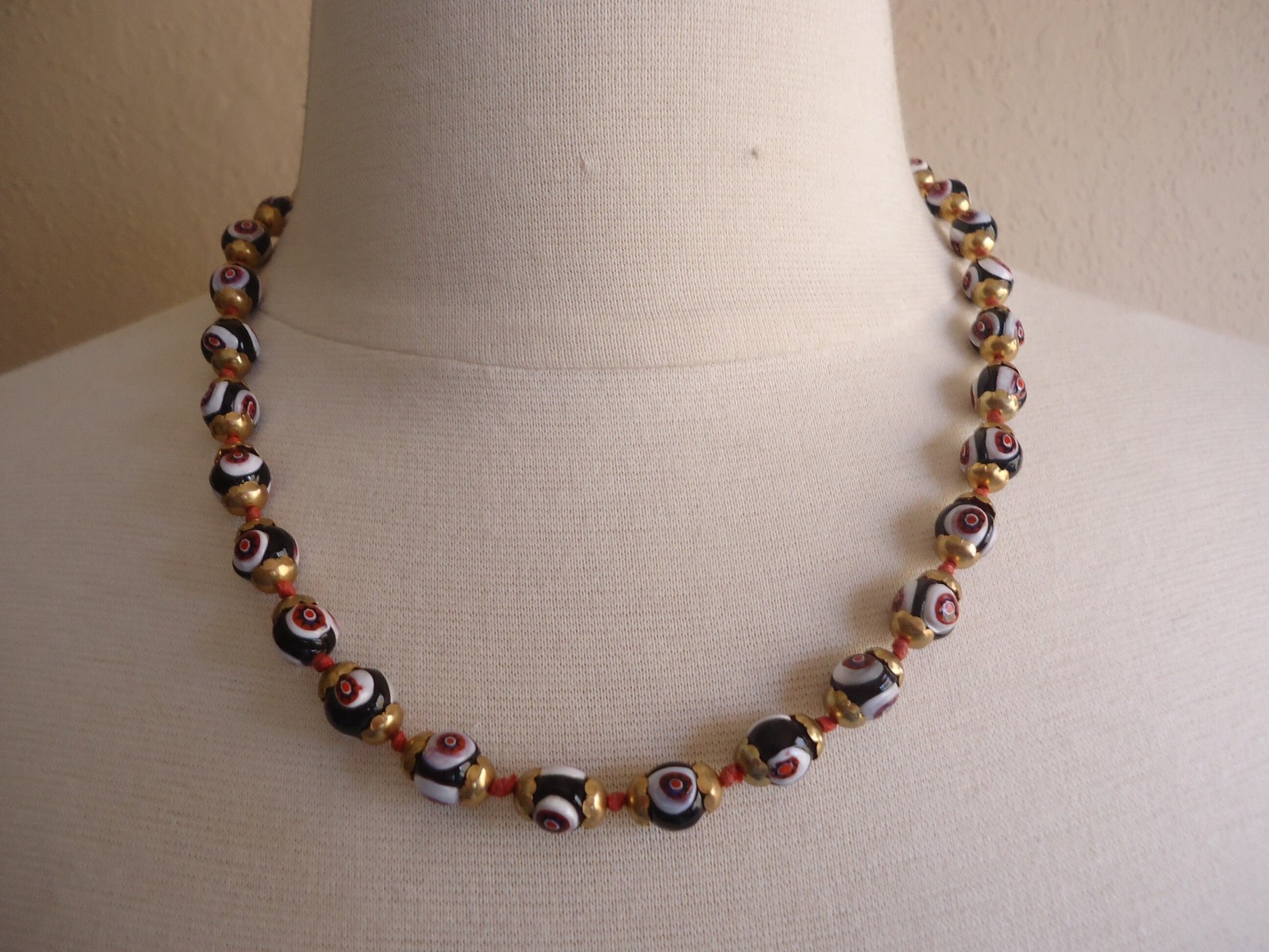 Murano vintage Glass Black, Red and White Millefiori Necklace, 19 1/2″