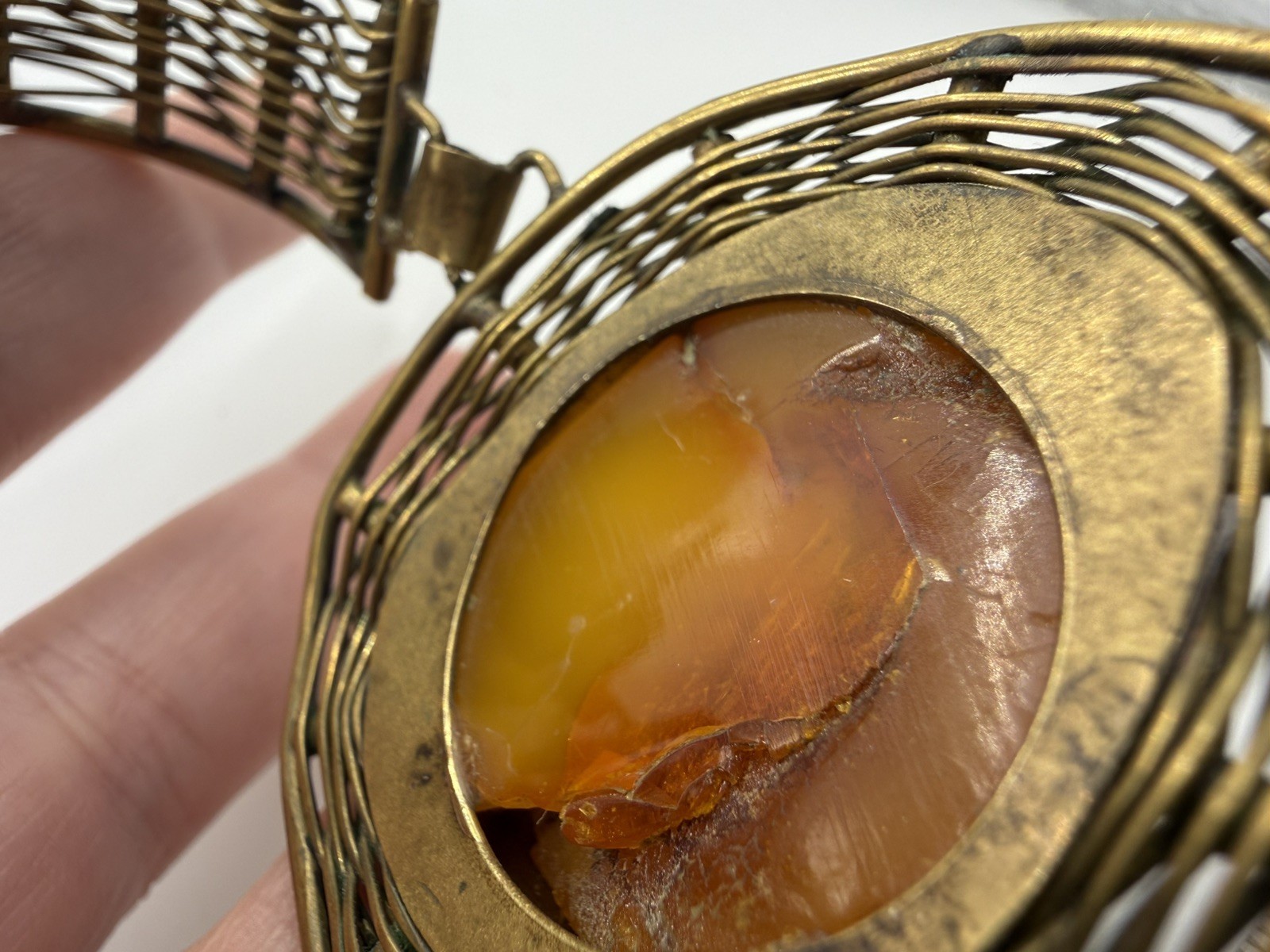 Vintage Amber Statement Cuff Bracelet Butterscotch Large Cabochon Wire Wrap