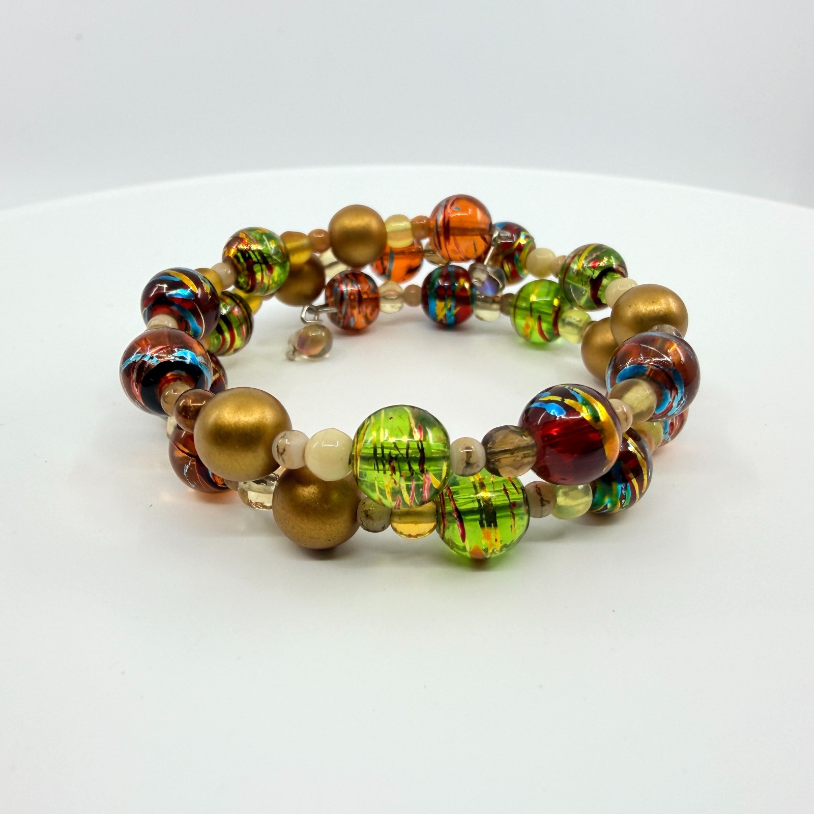 Vintage Gold Tone Lampwork Art Glass Beaded Coil Wrap Bracelet Chunky Boho 90s
