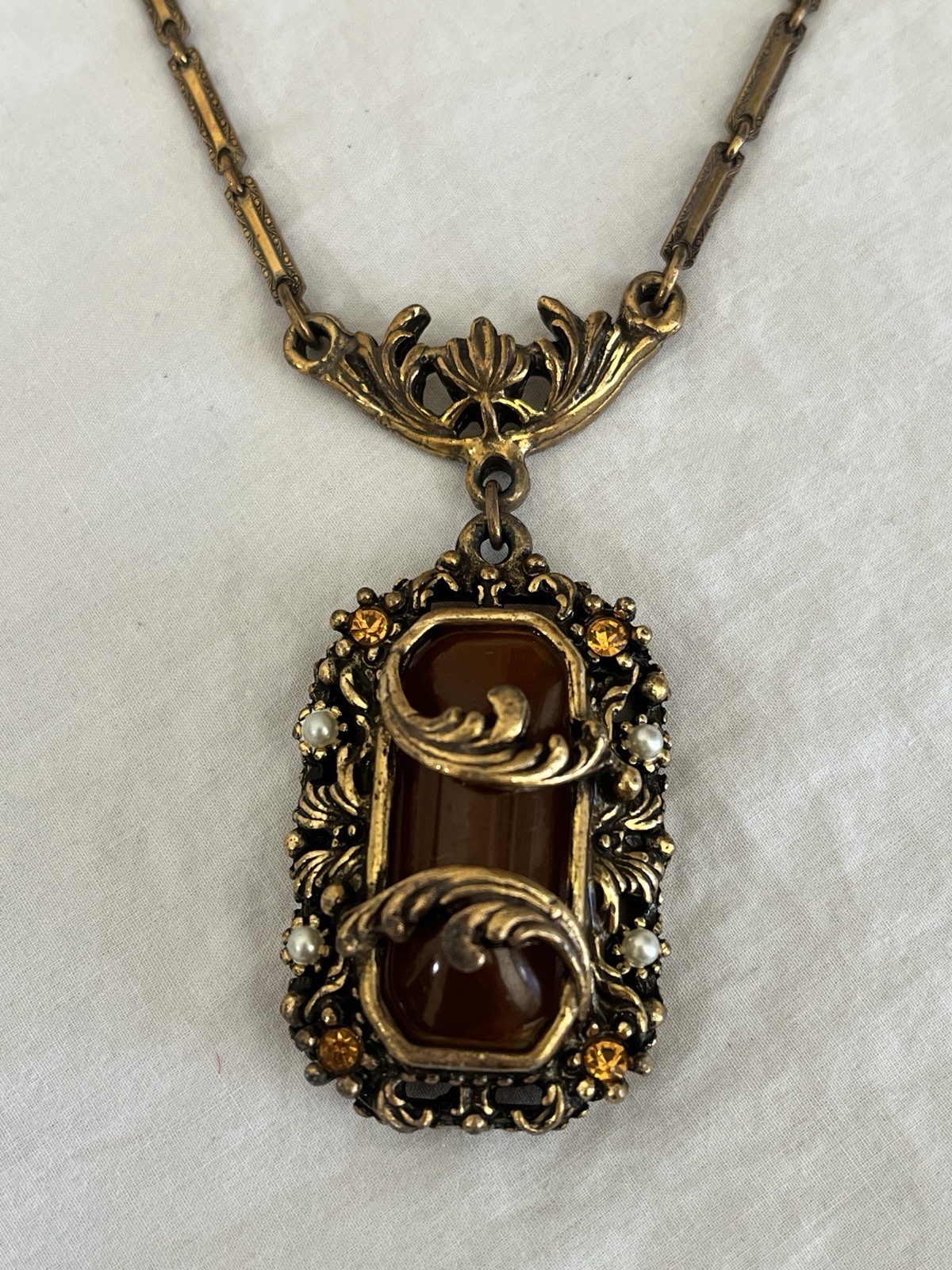 Vintage Amber Necklace with Filigree Detail Victorian Art Nouveau Czech Style