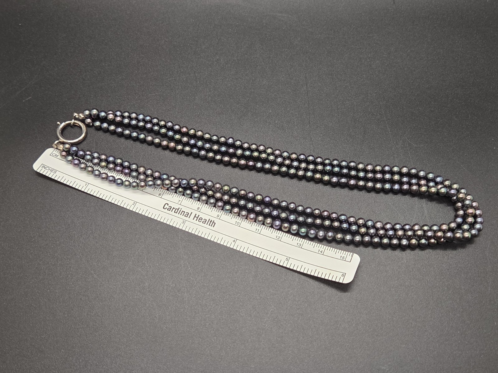 Vtg 3 Strand Purple Dark Grey Opalescent Pearl Necklace Sterling Silver Clasp 24