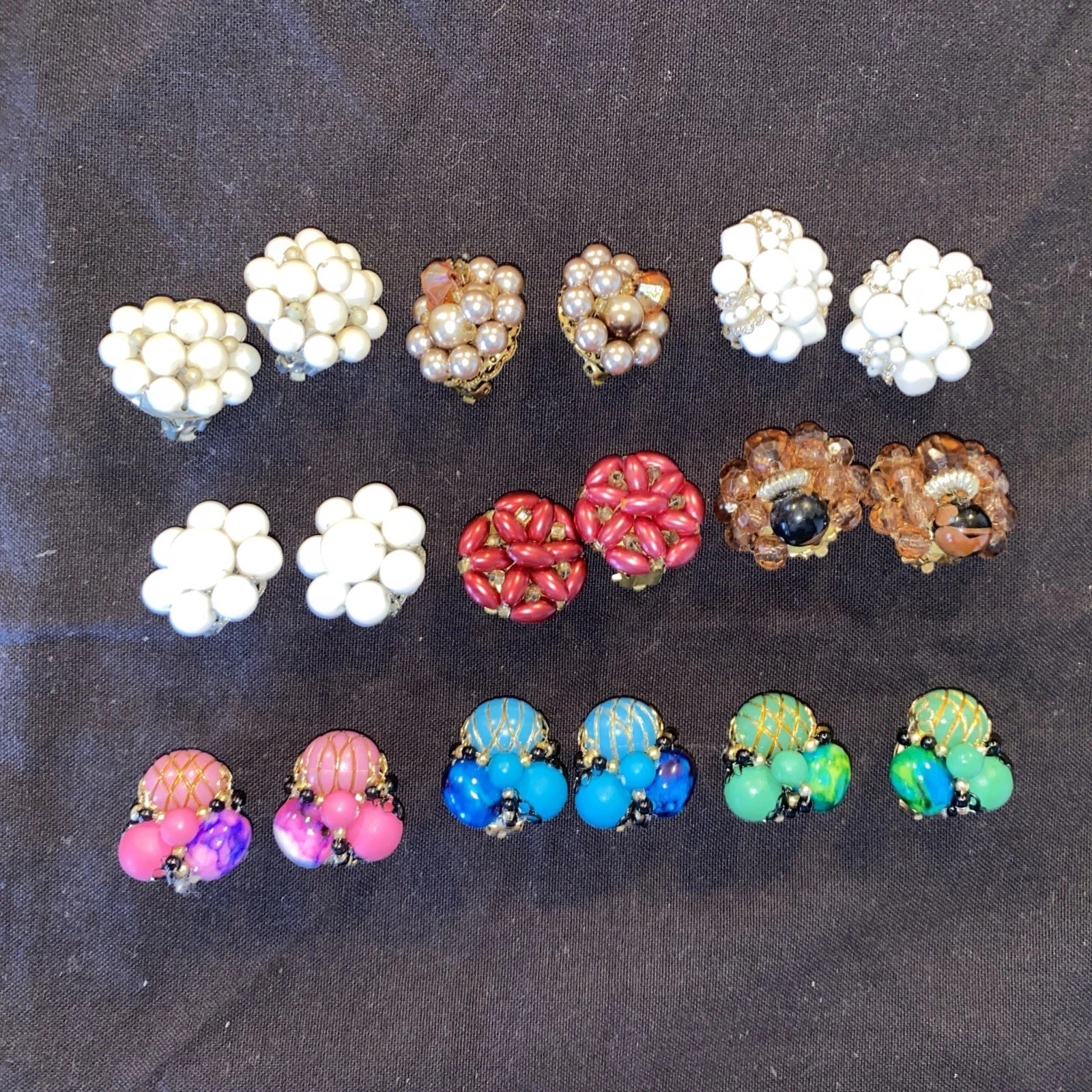 Vintage Clip Earrings 60’s Beads Round Lot of 9 Hong Kong/Japan #FS
