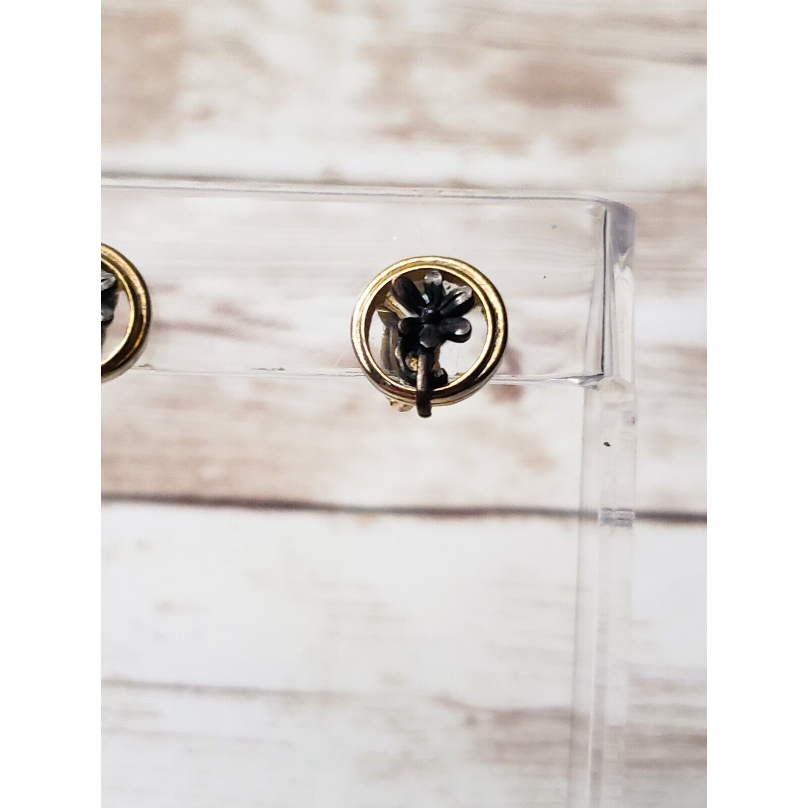 Vintage Clip On Earrings – Small Gold Tone Circle with Dark Grey Flowers