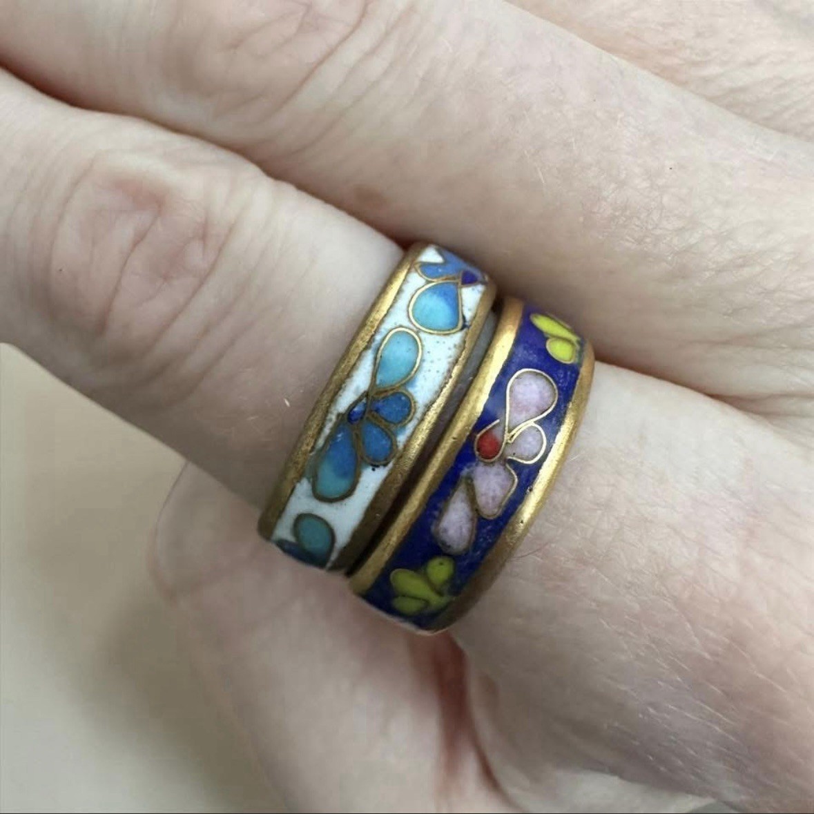 Vintage Cloisonné Enamel Ring Stack Floral Pink Blue White Pastel Band Rings 7