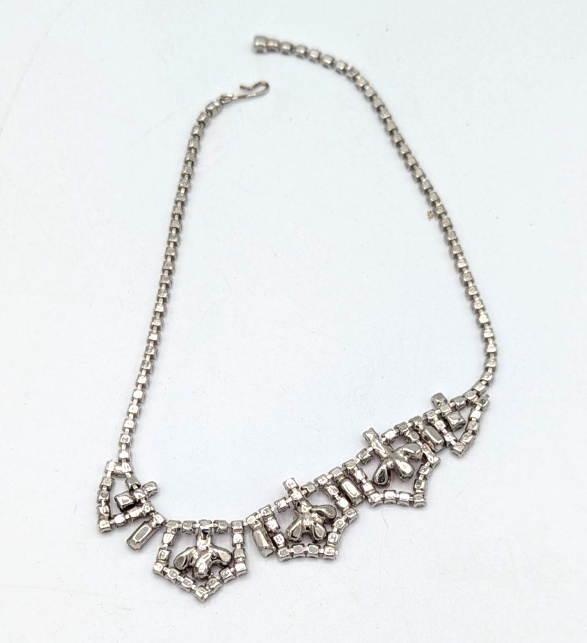 Vintage Pink Rhinestone Necklace Crystal Choker Bib Mid Century Glam 15″