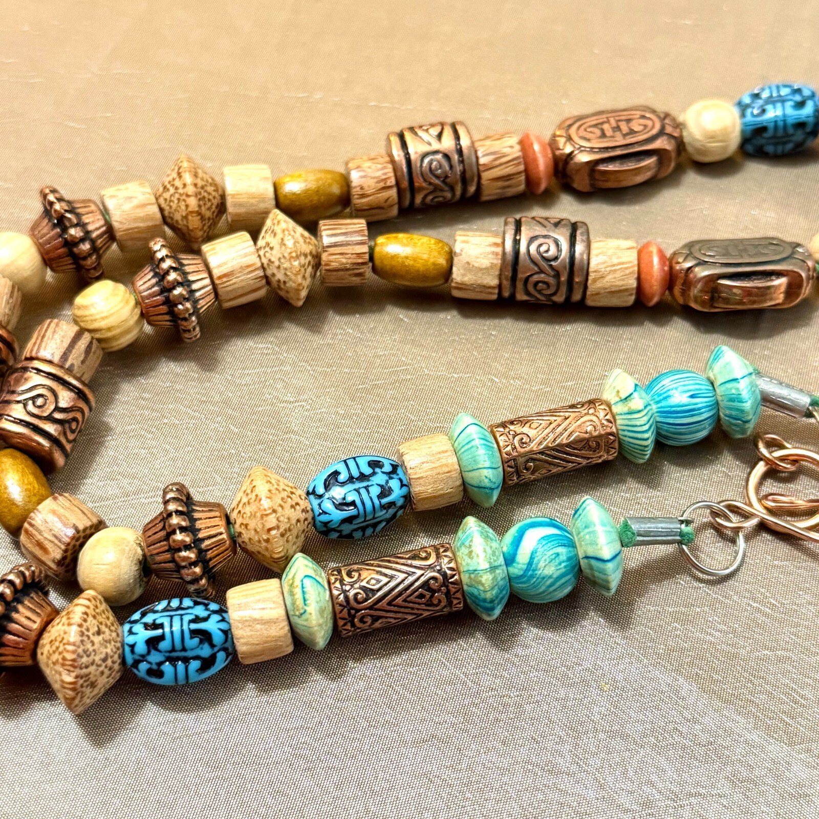 Boho Turquoise Beaded Necklace, Blue & Brown in Wood, Stone, Nut, & Metal – 25″