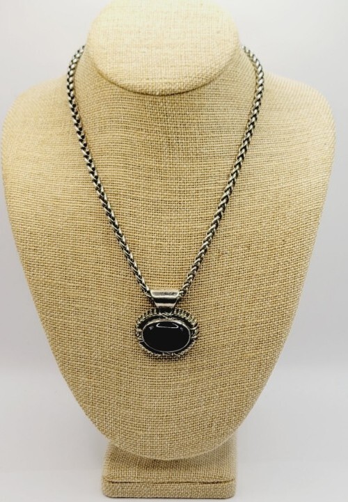 Pendant Necklace Purple CAT EYE Large Silver tone Sliding 21 in Vintage
