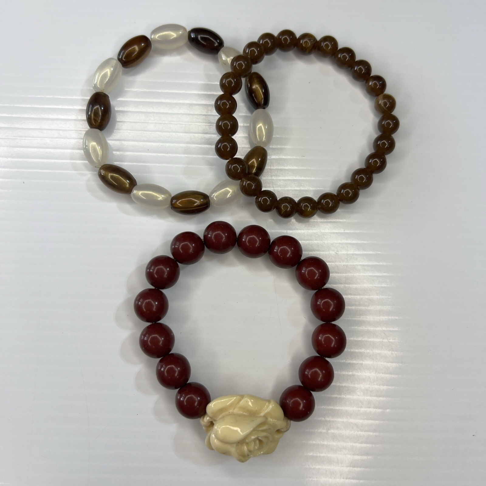 Lot Brown Red Beaded Acrylic Resin Celluloid Lotus Flower Retro Bracelets