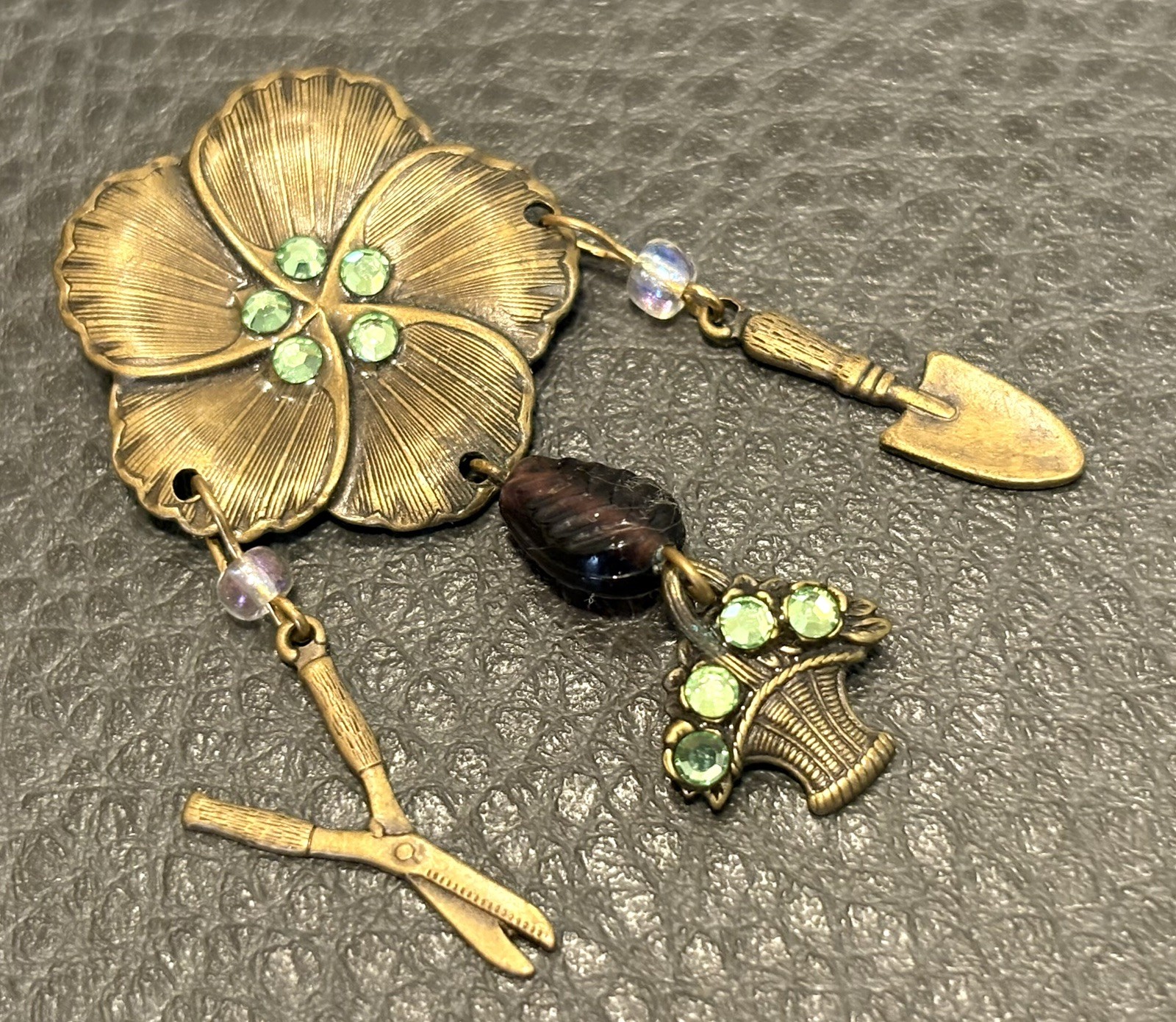 Vintage Pansy Brooch Garden Tools Dangle Flower Basket Gold Tone Rhinestones