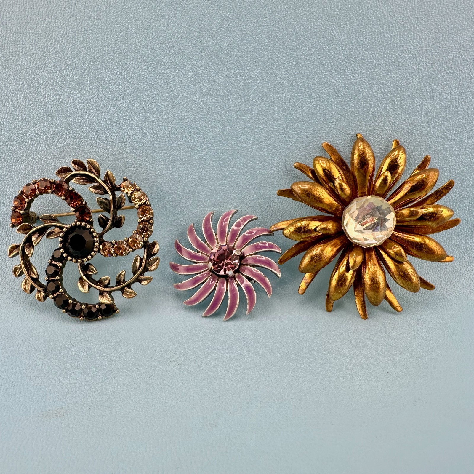 Vintage to Modern Brooch Pin Lot Flower Leaf Round Rhinestone Enamel 2 Signed