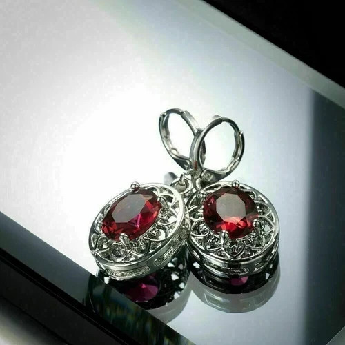 Art Deco Oval Cut Red Garnet Retro Floral 925 Silver Earrings Gift for her