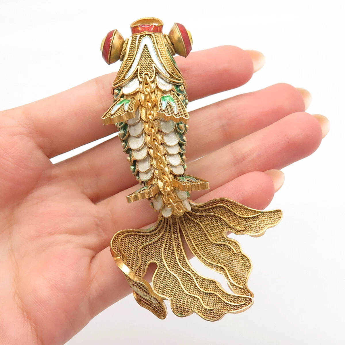 925 Sterling Silver Gold Plated Enamel Antique Chinese Koi Fish Chatelaine Fob