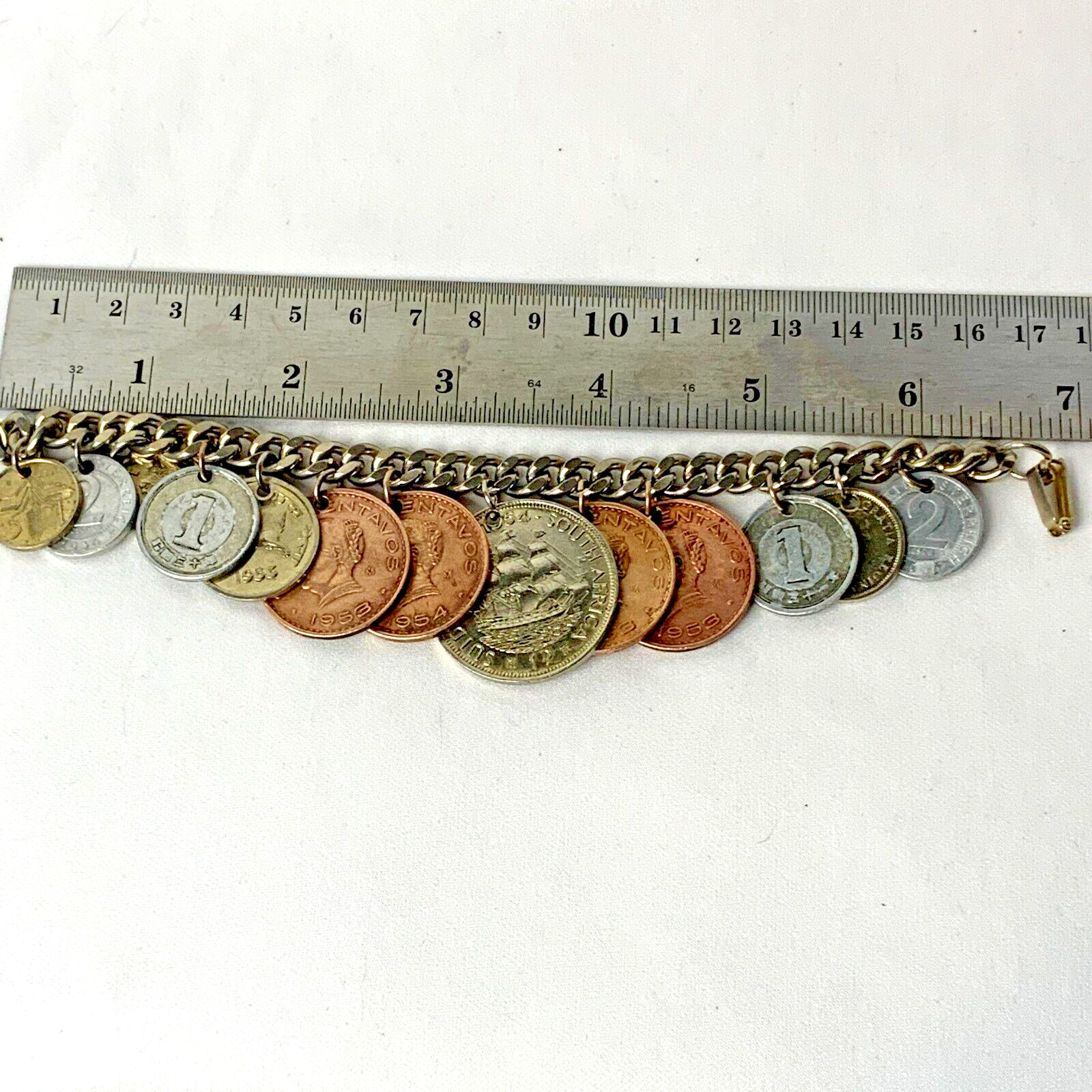 Vintage 1956 Charm Bracelet 13 Assorted Coins From Different Countries 6.5″-7″