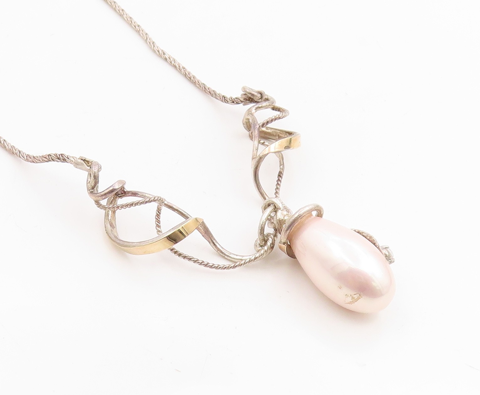 14k Gold & 925 Sterling Silver Vintage Necklace Elegant Pearl & CZ Drop NE4861