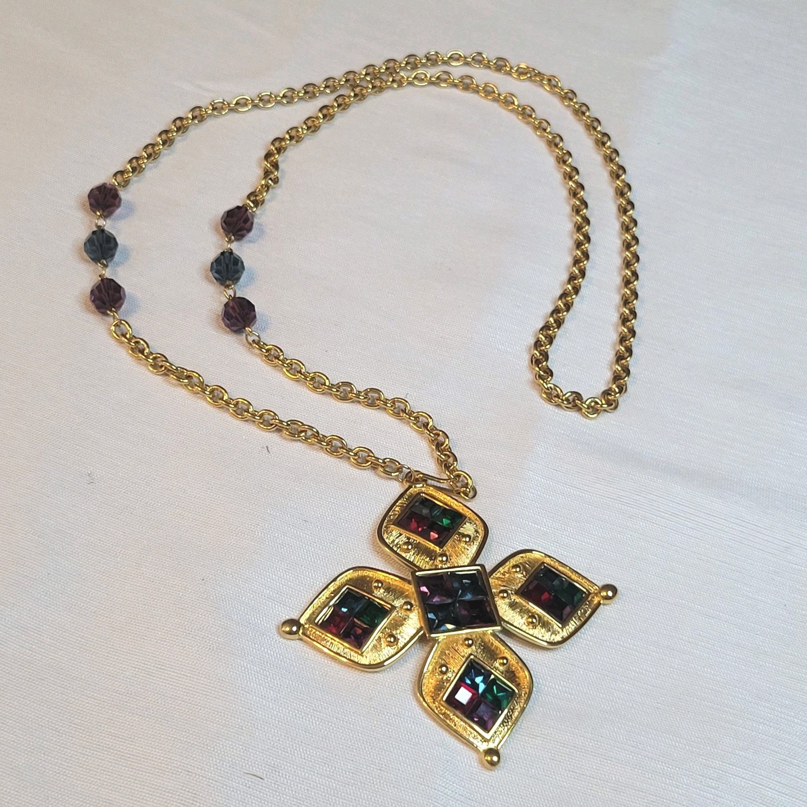 Vintage Napier Galleria Gold Tone Runway Necklace Multi Color Swarovski Crystal