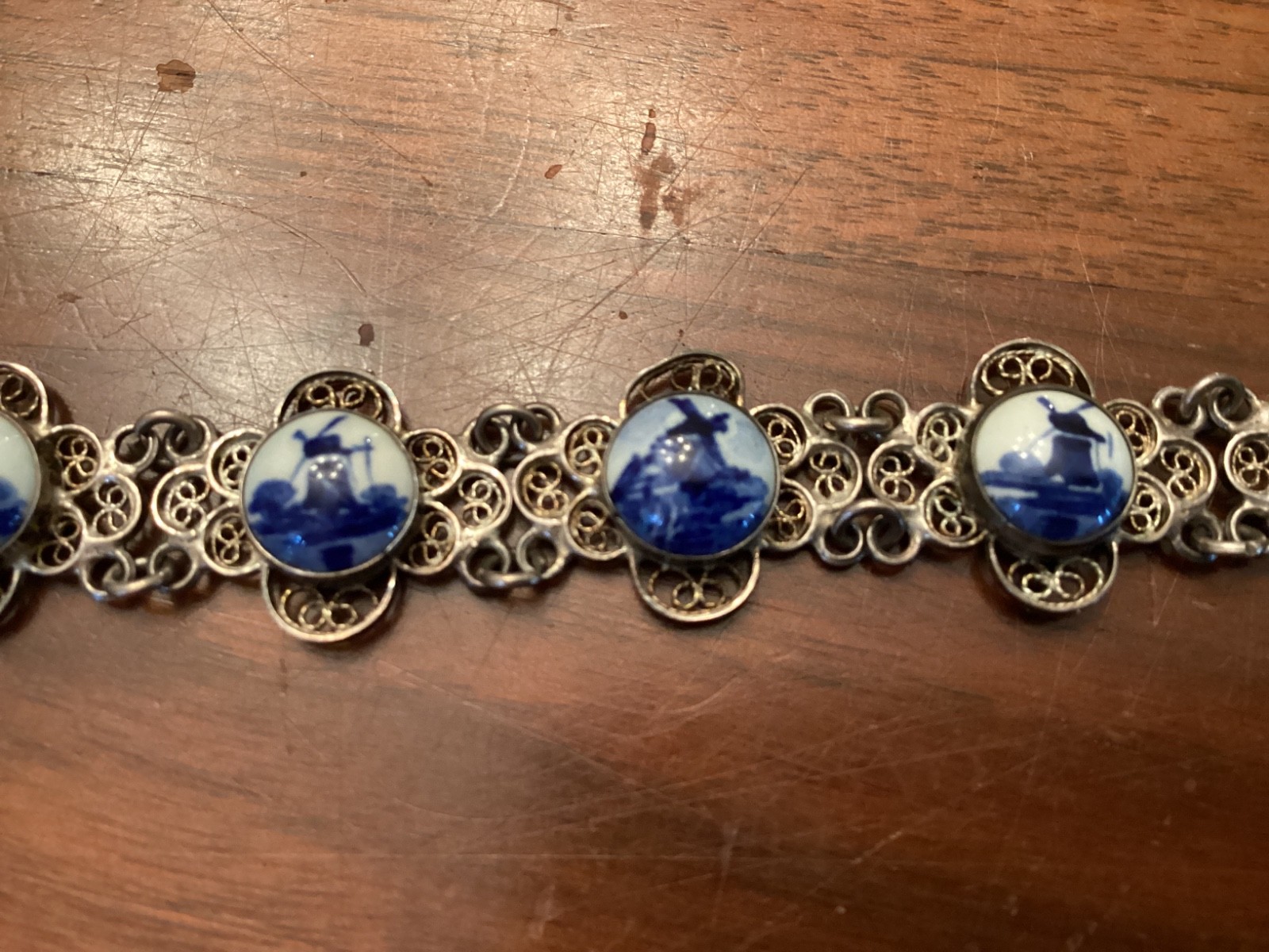 Vintage 835 Silver Filigree Delft Holland Blue Porcelain Windmill Bracelet