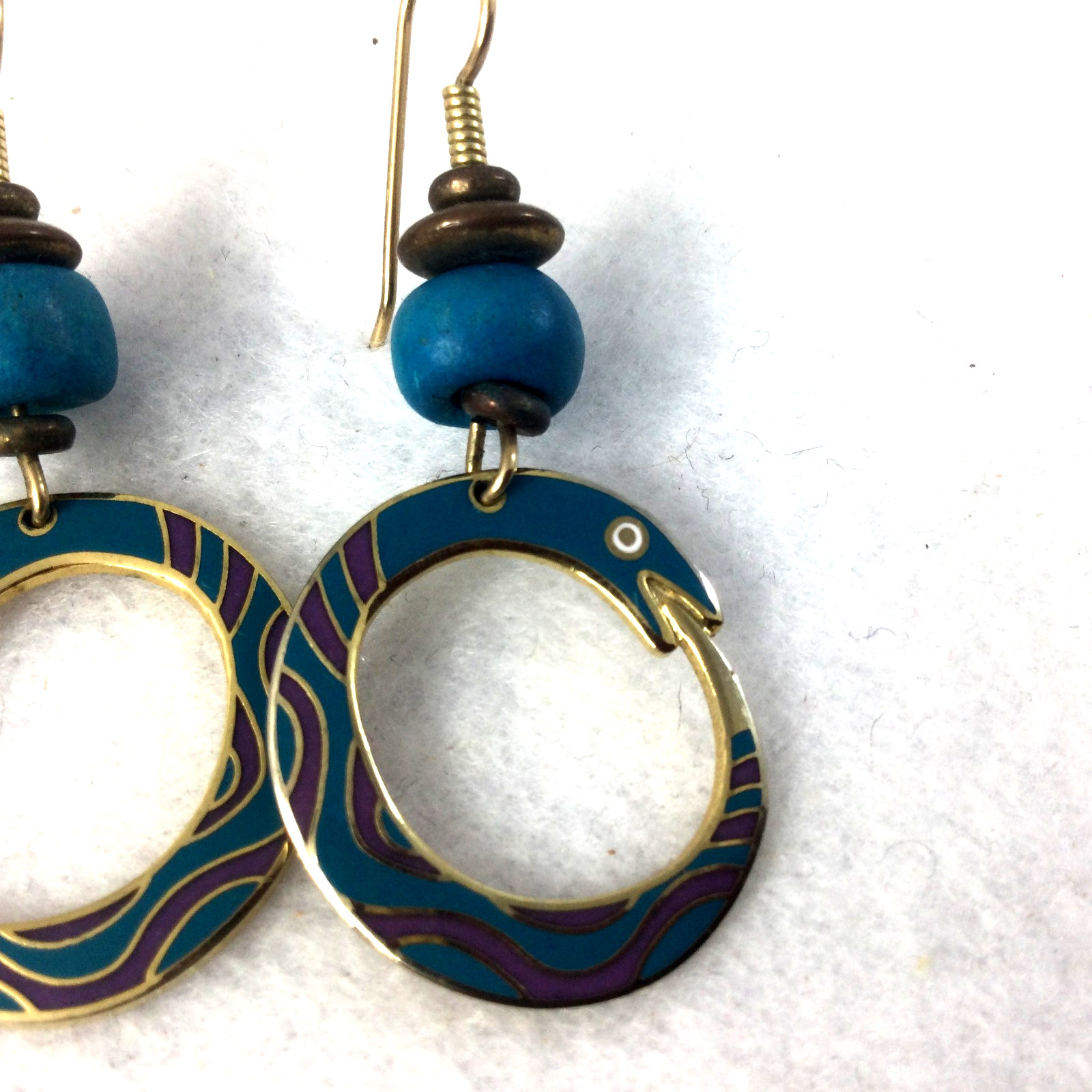 Laurel Burch Snake Spirit Enamel Dangle Earrings Teal Purple Signed Gold Tone