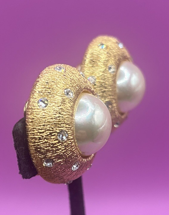 Vintage Christian Dior Crystal Encrusted Faux Pearl Clip On Earrings Gold Tone