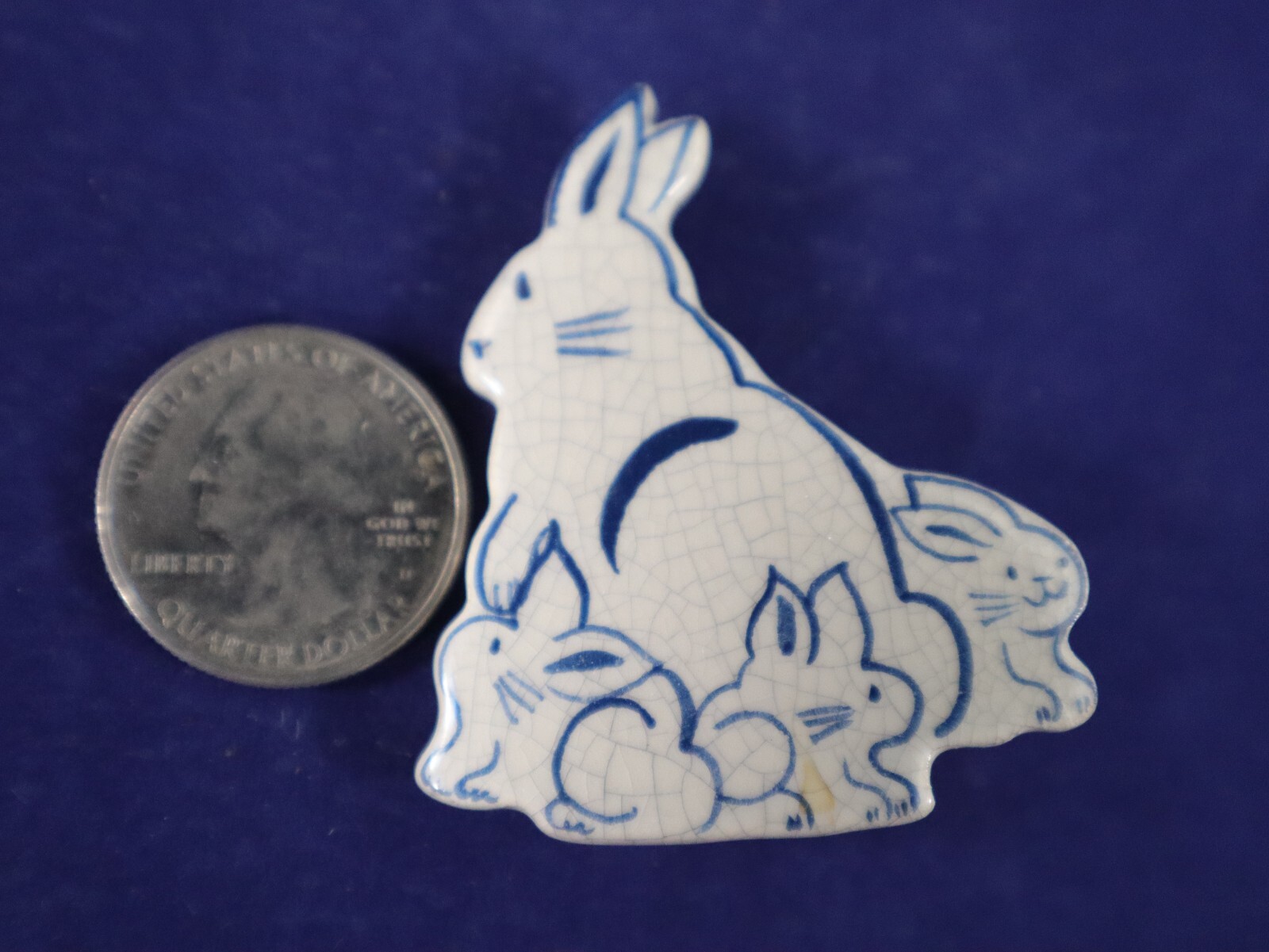 Bunny Rabit Family BROOCH Pin Blue & White Artist Signed