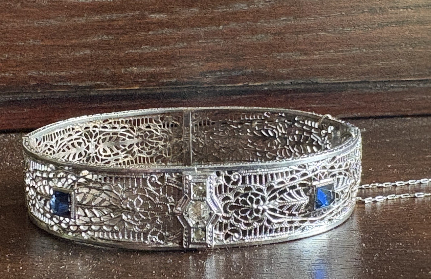 Ostby Barton OB Edwardian Filigree Bracelet Sterling Silver Blue Glass READ!