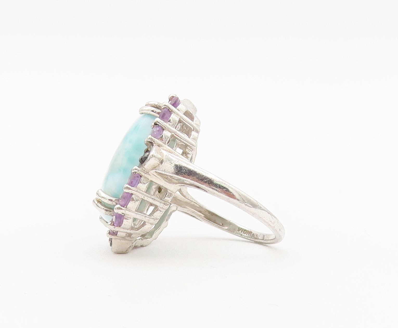 925 Sterling Silver Vintage Ring Larimar Halo Amethyst Sapphire Sz 6 RG27906