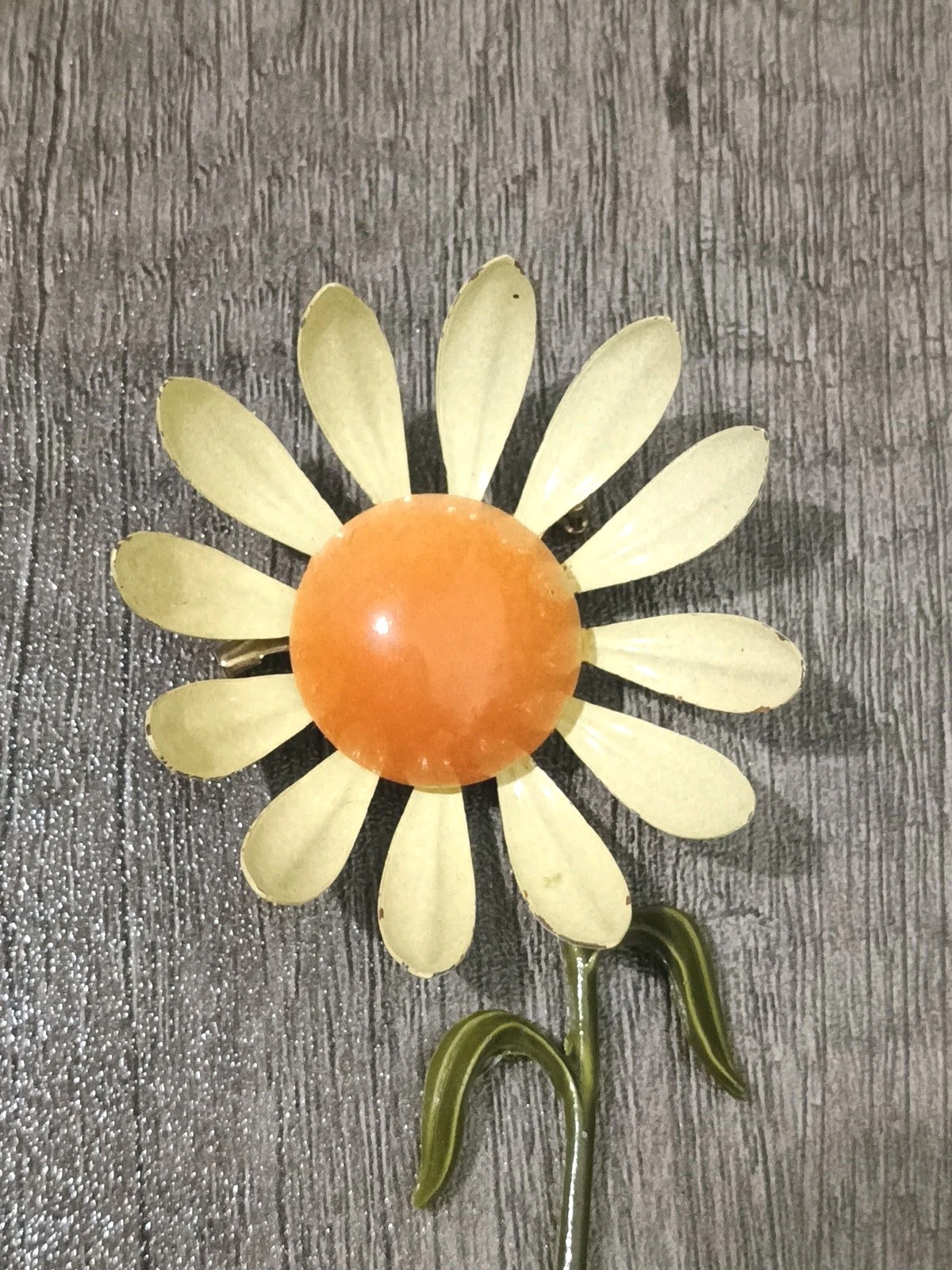 Daisy Flower Metal Rare Curved Petals Creme Orange Enamel Vintage Brooch