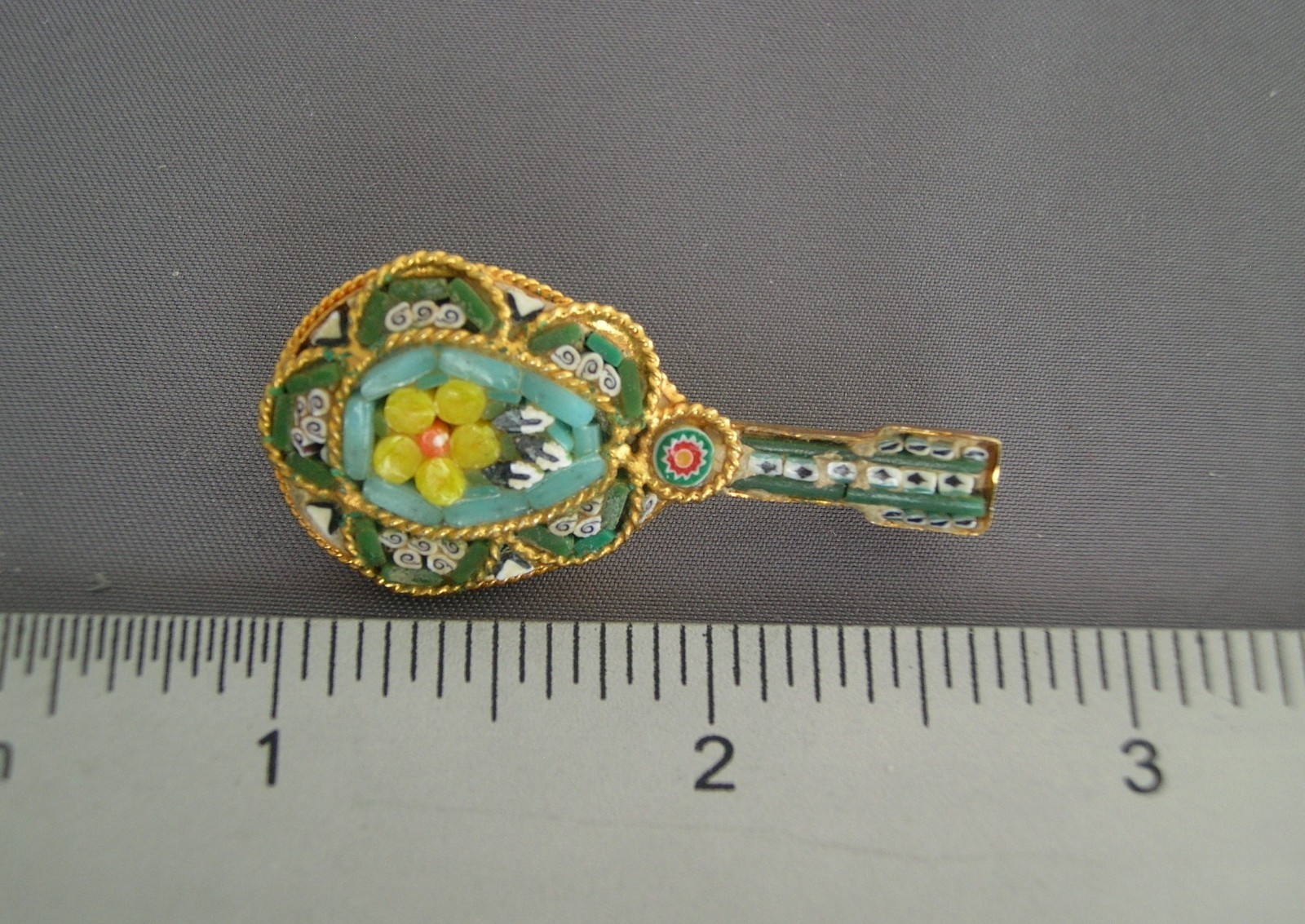 Vintage Italian Micro Mosaic Millefiori Figural Mandolin Pin