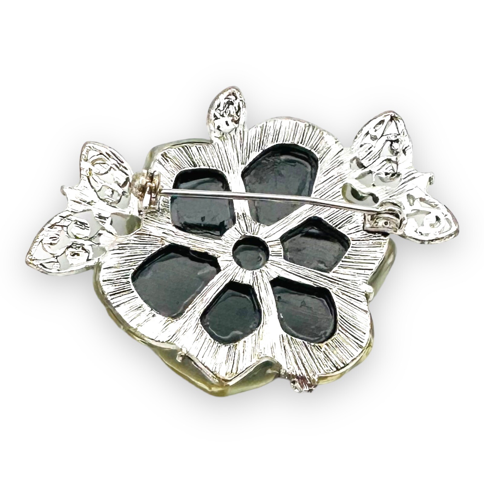 Vintage Lucite Cellulose Acetate Flower Brooch Rhinestones Faux Abalone MCM