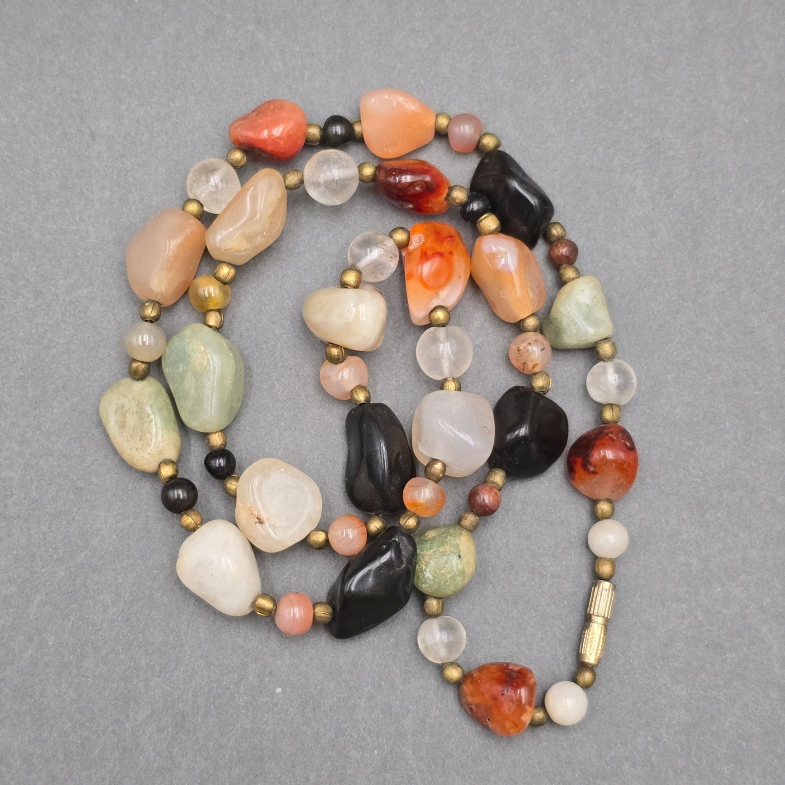 Vintage Multi Gemstone Beggar Bead Necklace 20″ Natural Stone Brass Accents