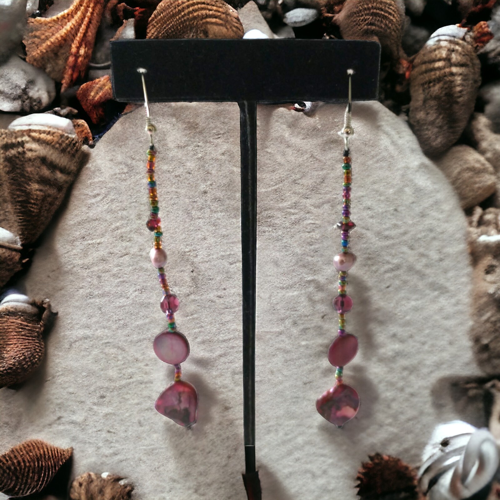 Pink Shell Beaded Dangle Earrings Boho Coastal Beach Mermaidcore Statement