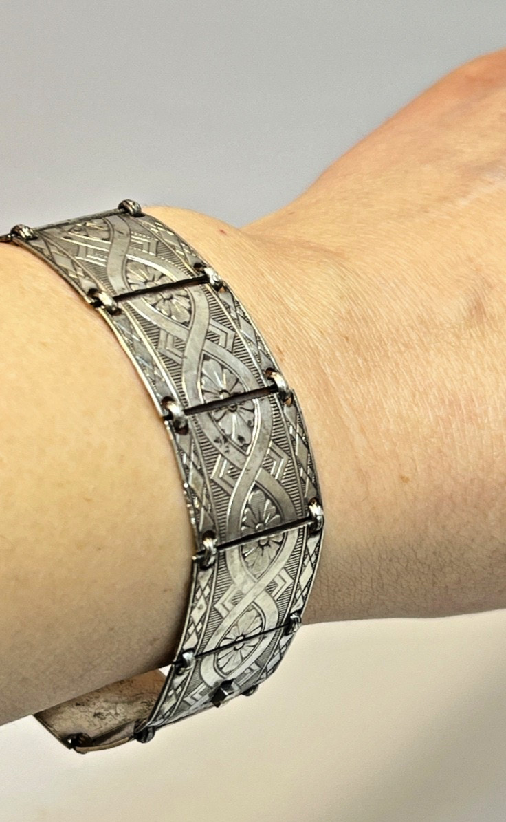 Antique German 835 Silver Art Deco Link Panel Bracelet Geometric Flowers