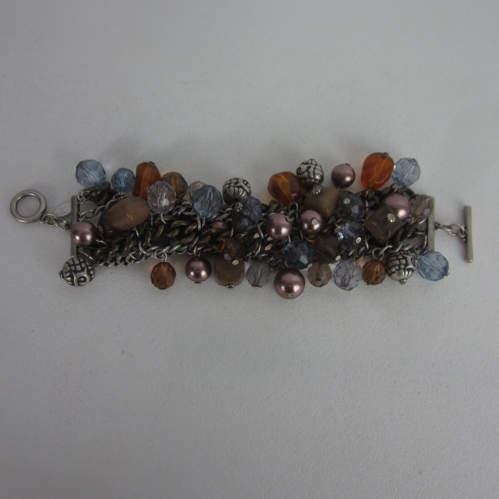 Chicos Charm Bracelet Amber Blue Mauve Purple Antique Silvertone Multiple Beads