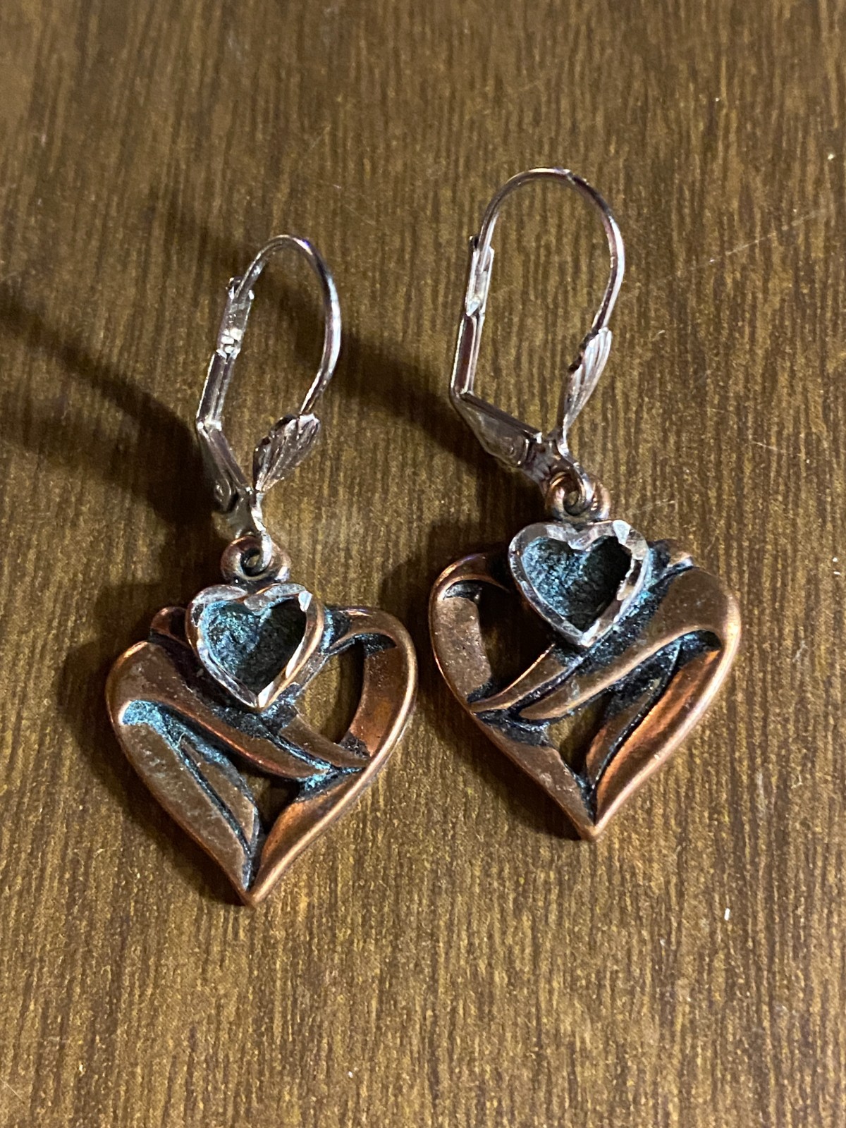 Vintage Double Heart Metal Dangle Pierced Earrings Signed 1 1/4″
