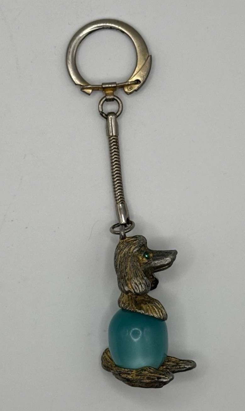 Vintage EDLEE Jelly Belly Poodle Keychain Turquoise Blue Bead Dog Mid-Century