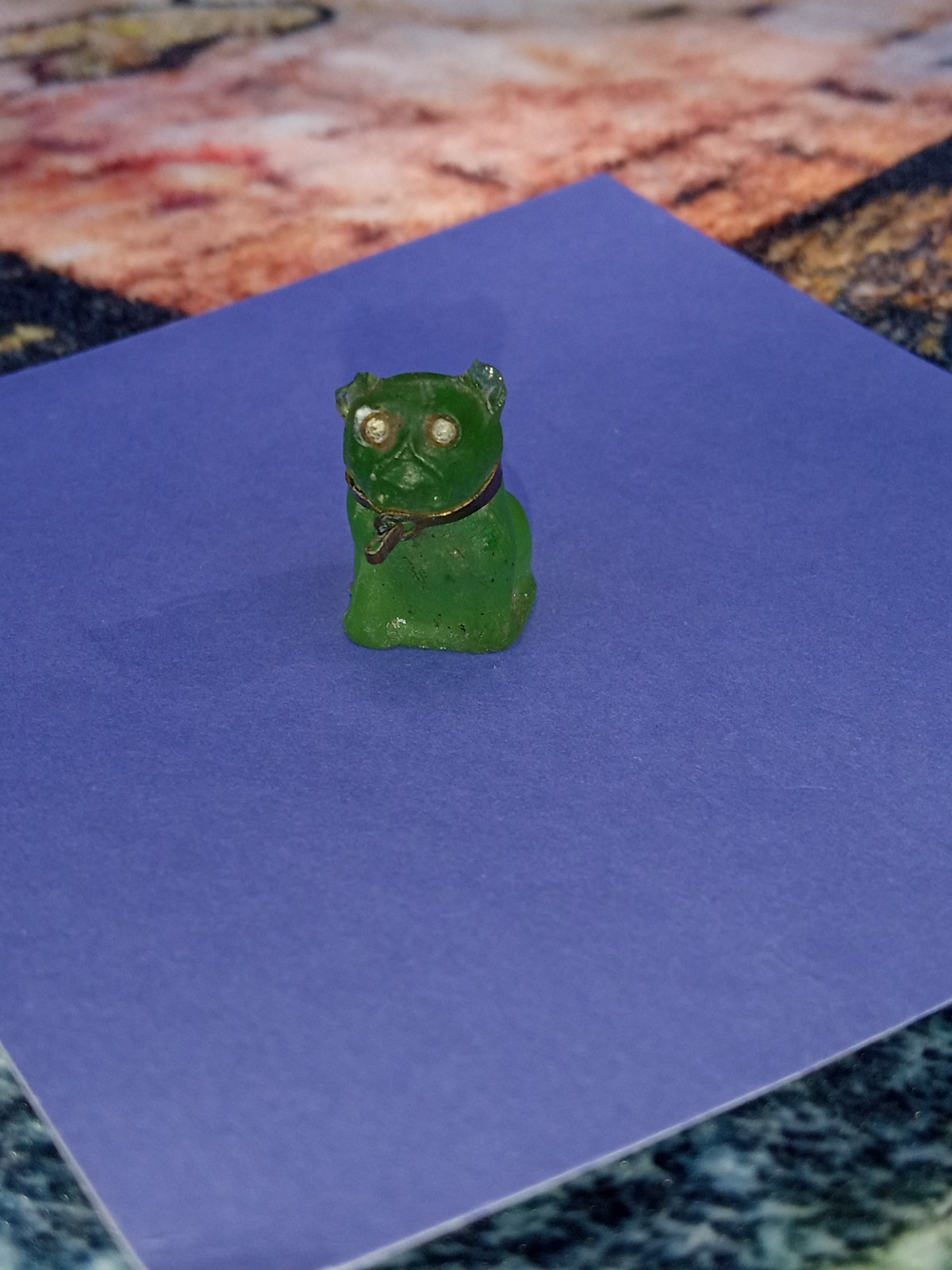 Antique, Vintage, Czech Green Pug, Bulldog Cracker Jack Glass Charm, Prize, 1″