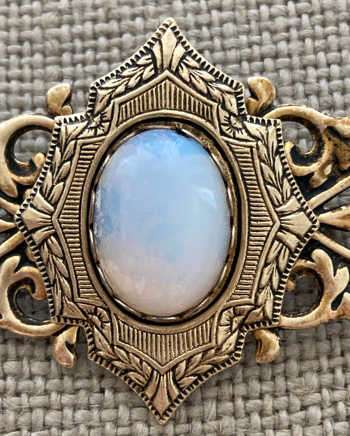 Brooch Brass Cabochon Mood Moon Stone Filigree Floral Shield Vintage 60s