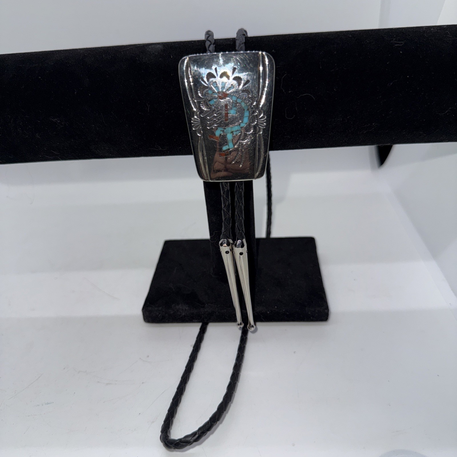 vintage turquoise coral chip inlay sterling silver Bolo Tie Kokopelli figure CH